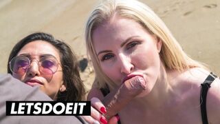Frida Sante és Georgie Lyall forrón szopogatnak és baszódnak egy hatalmas faszon a strandon